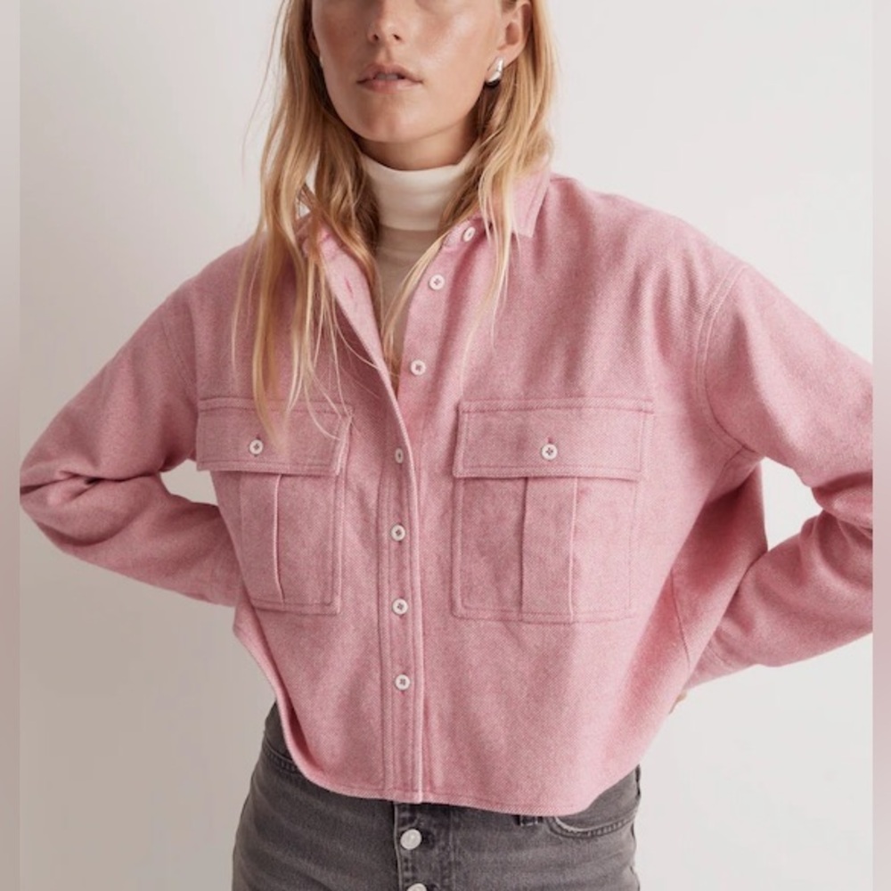 Madewell Flannel Cargo Cropped Button-Up Shirt in Nouveau Pink Melange M